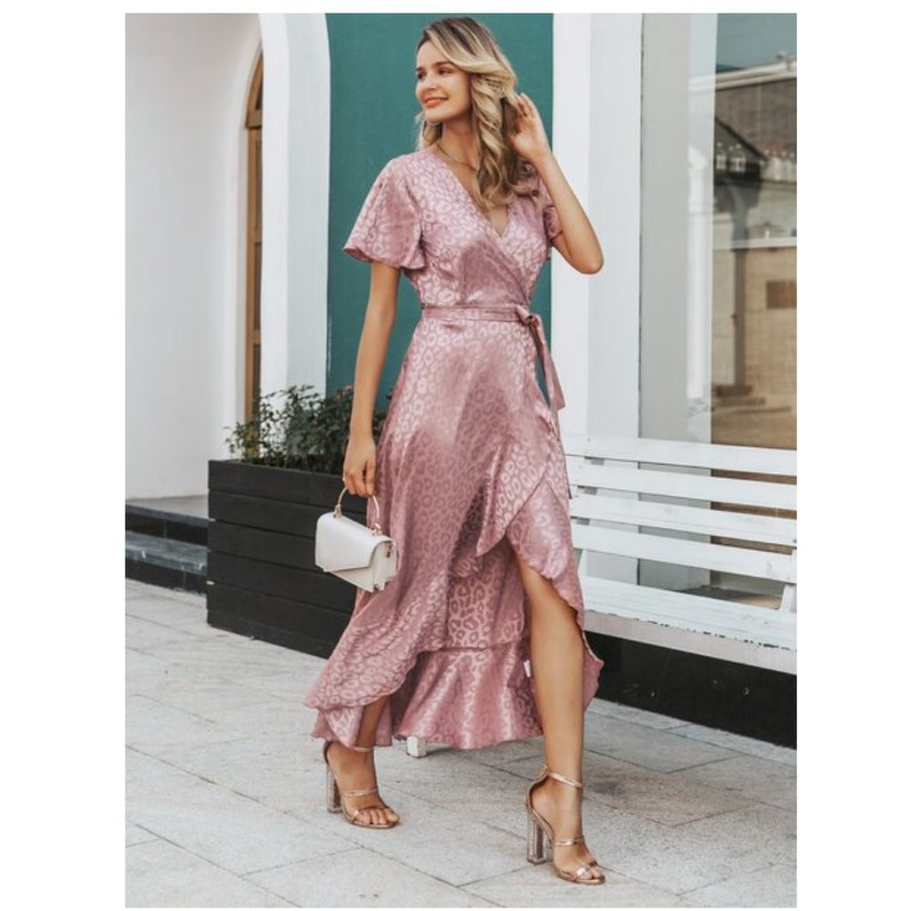 Simplee Dusty Pink Leopard Asymmetrical Ruffle Hem Wrap Belted Satin Dress Sz L - Picture 4 of 14
